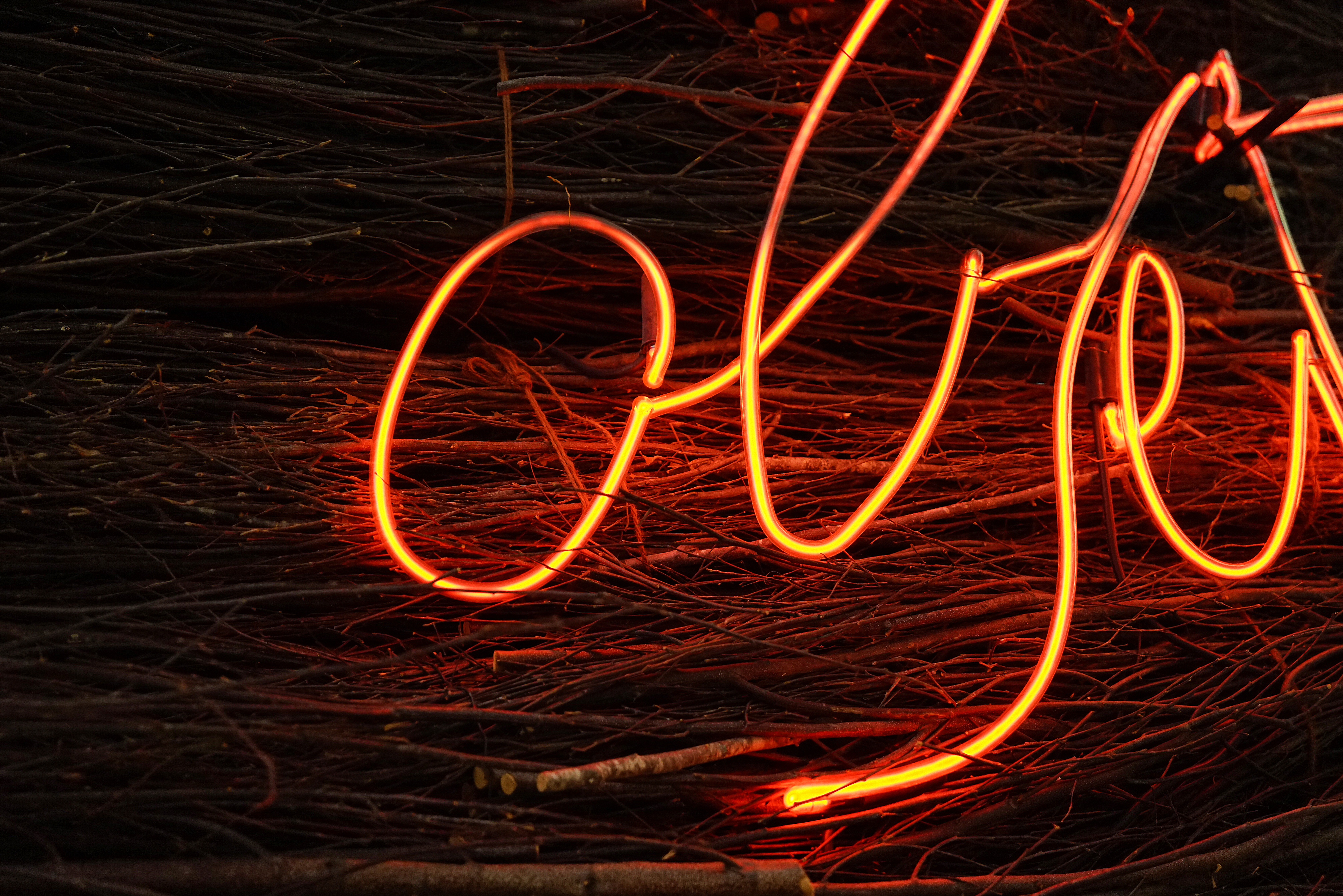 letter constructed with lighting strobe placed against straws